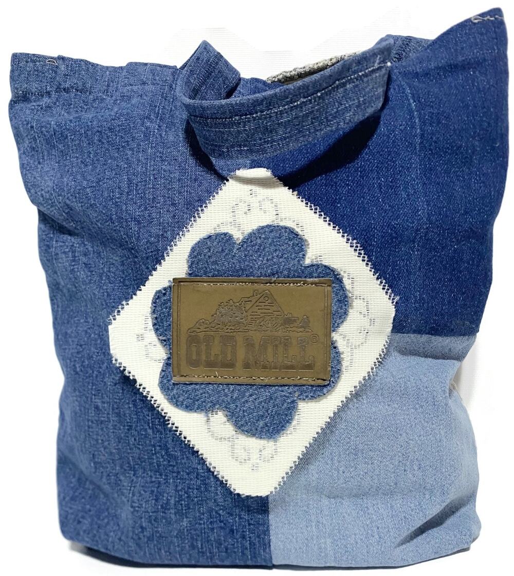 Handmade Reversible Denim Tote Bag 12x12 Blue Green Old Mill
